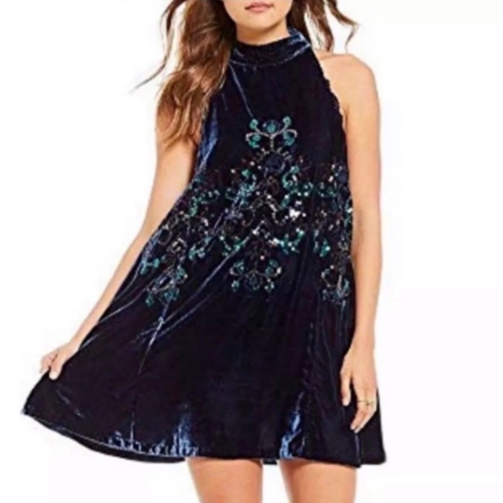 Free People Blue Velvet Sequin Mini Swing Dress.